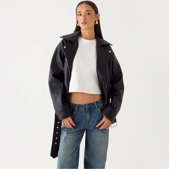 NWT Peppermayo Black Leather Biker Jacket Oversized - Picture 2 of 7